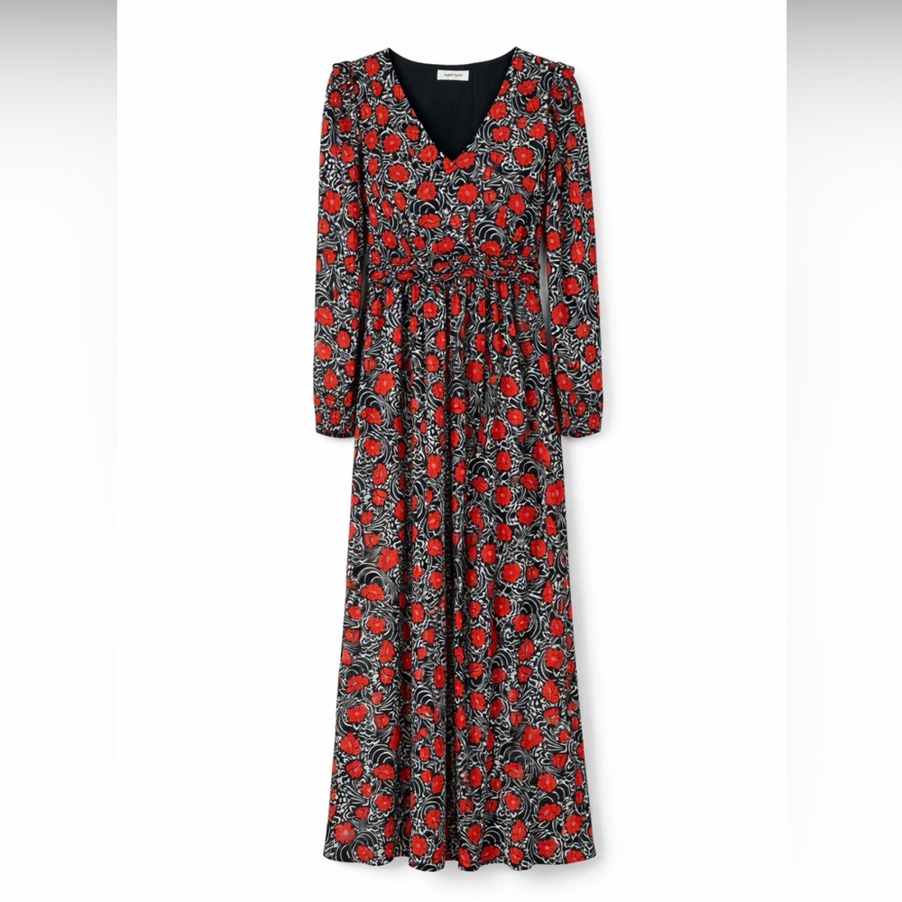 NAF NAF Red and Black Floral V-Neck Maxi Dress NWT